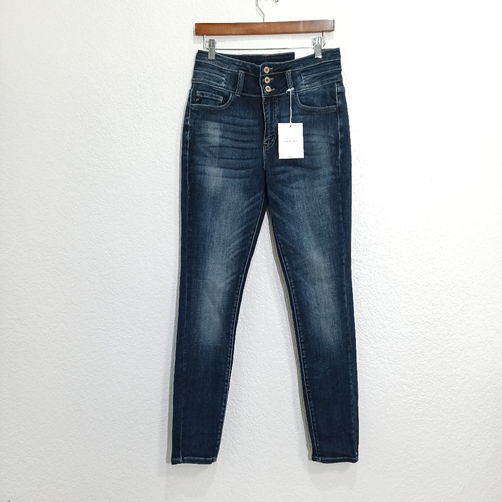 KanCan curvy Dark Distressed wash Double Button Jeans New with tags 110546